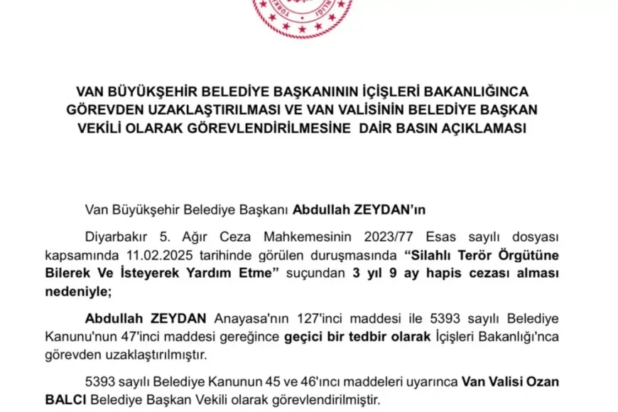 Van Büyükşehir Belediye Başkanı görevden uzaklaştırıldı, yerine vali atandı