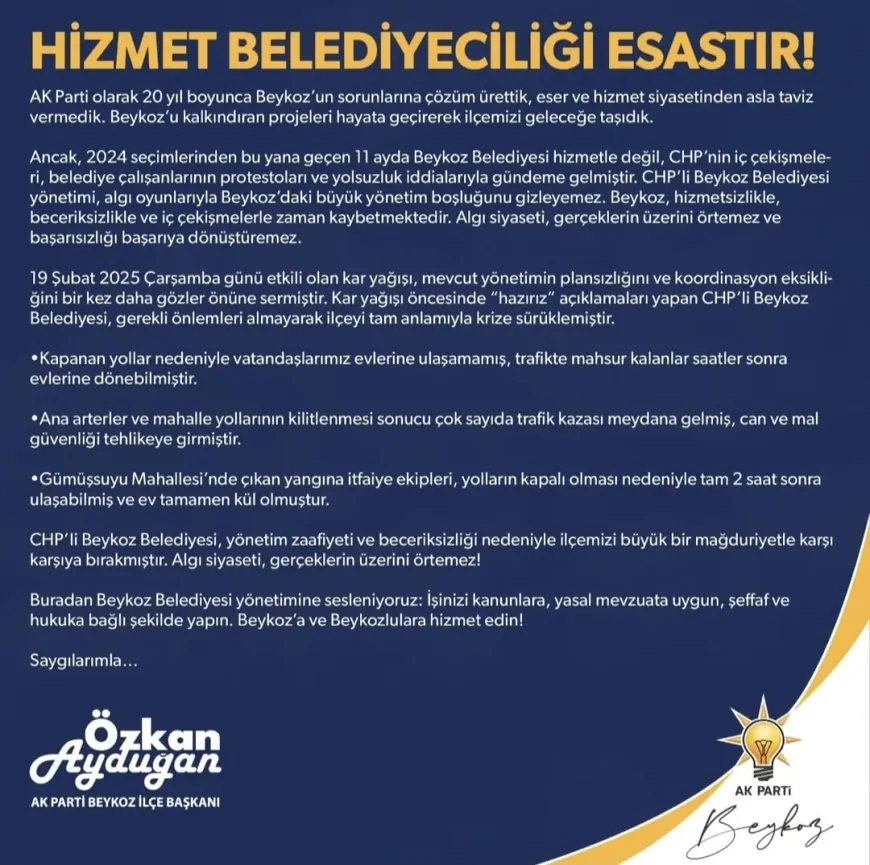 AK Parti Beykoz İlçe Başkanı Özkan Aydugan'dan Beykoz Belediyesi'ne Sert Tepki: 'Hizmet Belediyeciliği Esastır'