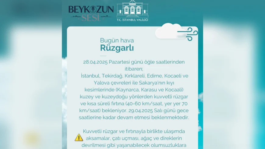 İstanbul ve Çevresinde Kuvvetli Rüzgar Alarmı: 70 km/saat’e Kadar Fırtına Bekleniyor