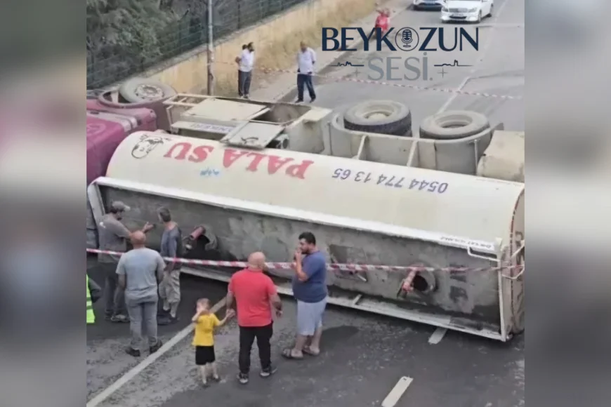 Beykoz’da Su Tankeri Geri Geri Gelirken Devrildi: Araçlara Çarptı, 1 Kişi Yaralandı