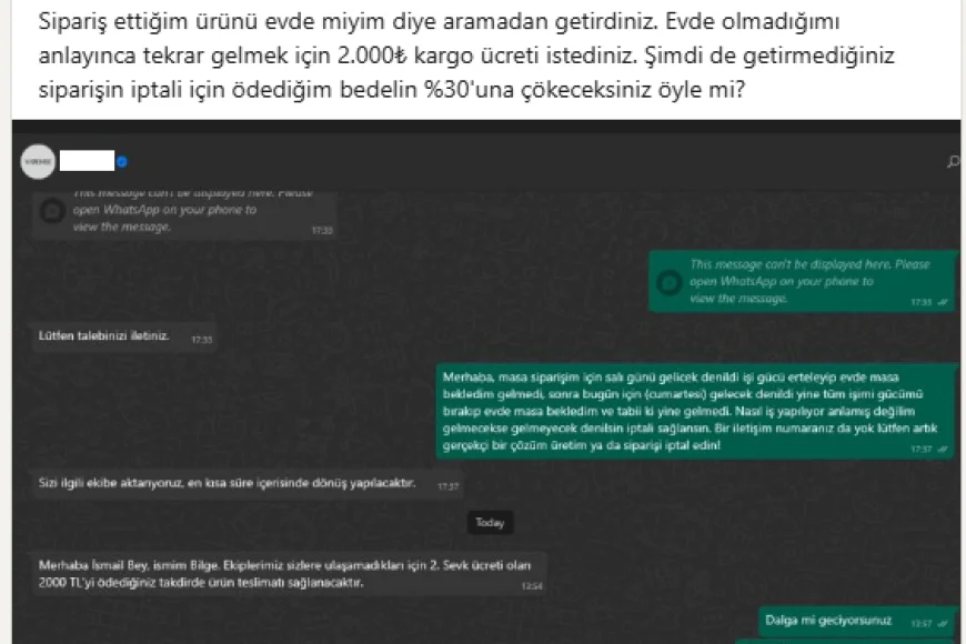 İnternet Üzerinden Sipariş Ettiği Masayı Teslim Alamayan Müşteriye 2.000 TL Ek Ücret ve %30 Kesinti Şoku