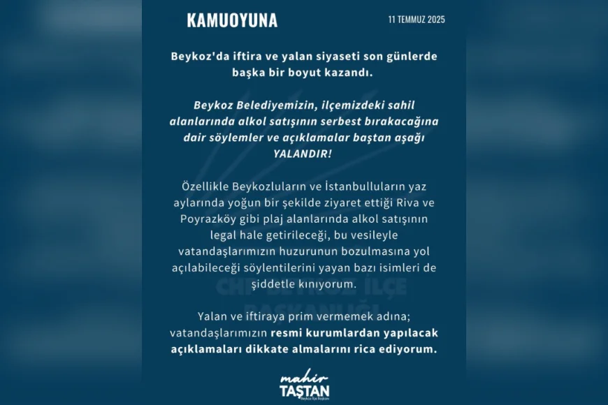 Beykoz İlçe Başkanı Mahir Taştan: "Sahil alanlarında alkol satışının serbest bırakılacağı yönündeki iddialar tamamen yalan"