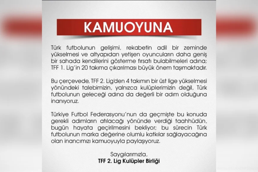 TFF 2. Lig Kulüpler Birliği'nden 1. Lig çağrısı: "Dört takımın yükselmesi Türk futbolu için değerli bir adım"