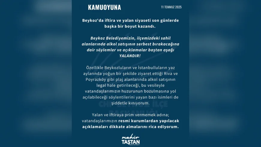 Beykoz İlçe Başkanı Mahir Taştan: "Sahil alanlarında alkol satışının serbest bırakılacağı yönündeki iddialar tamamen yalan"