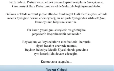 Beykoz Belediye Meclis Üyesi Nevzat Cebeci CHP’den istifa ettiğini duyurdu