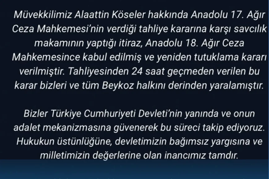 Beykoz Belediye Başkanı Alaattin Köseler için tahliye kararına itiraz kabul edildi, yeniden tutuklama kararı çıktı