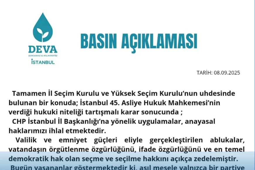 DEVA İstanbul İl Başkanı Ali Hakan Ağaoğlu: "Demokrasi ve hukuk devleti ilkeleri her geçen gün daha fazla yara alıyor"