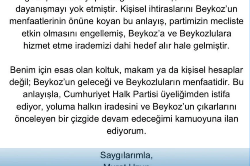 Beykoz Belediye Meclis Üyesi Murat Uzun CHP’den istifa etti: "Beykoz’un geleceği ve halkın menfaati için yoluma bağımsız devam edeceğim"