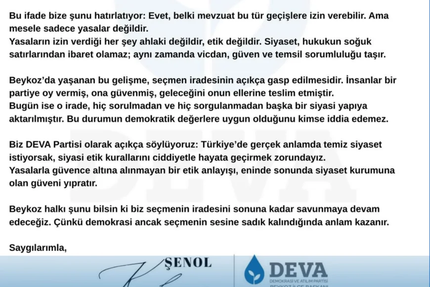DEVA Partisi Beykoz İlçe Başkanı Şenol Korkmaz: "Seçmenin iradesi gasp edilmiştir"