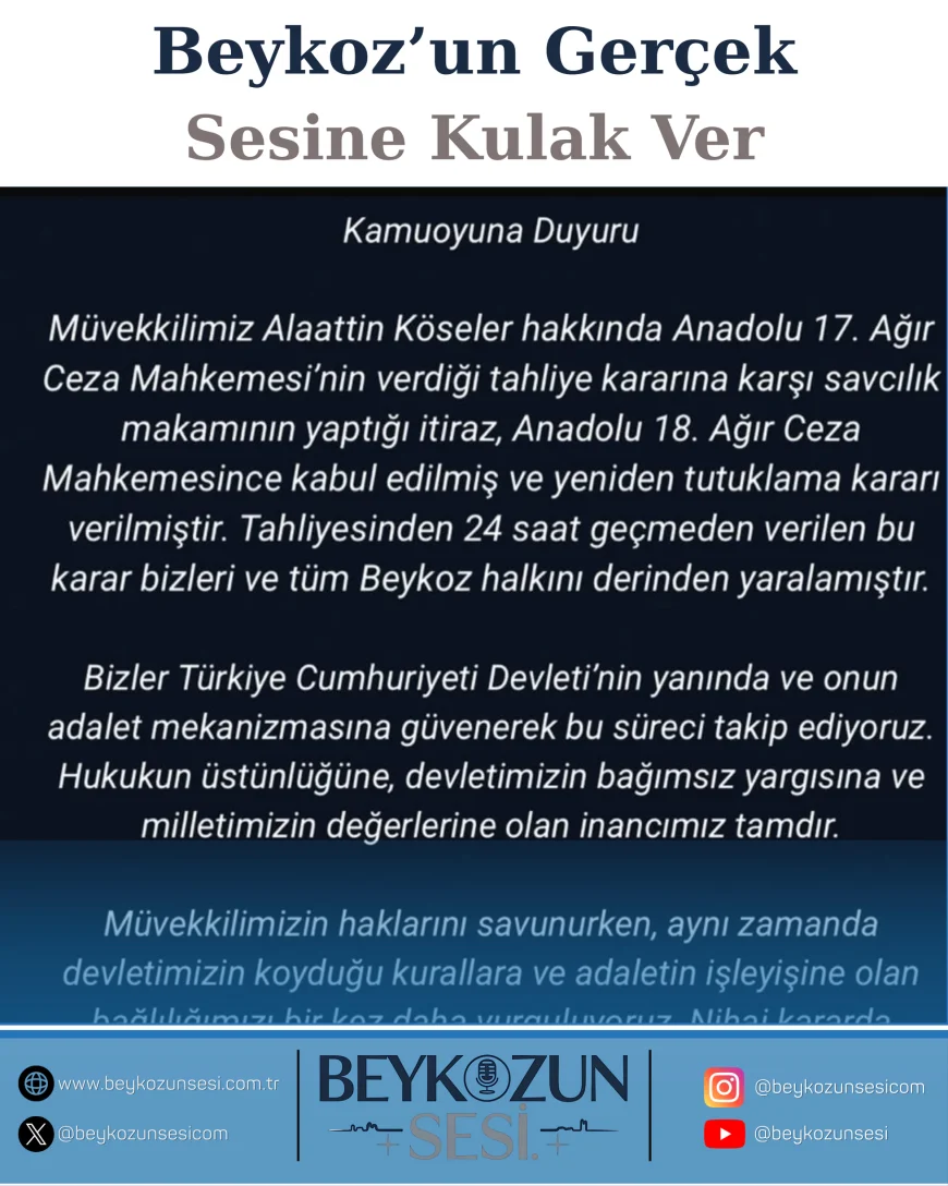 Beykoz Belediye Başkanı Alaattin Köseler için tahliye kararına itiraz kabul edildi, yeniden tutuklama kararı çıktı