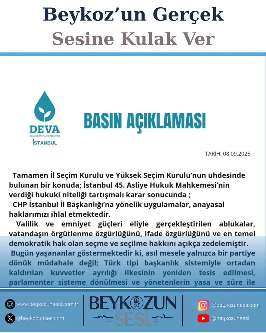 DEVA İstanbul İl Başkanı Ali Hakan Ağaoğlu: "Demokrasi ve hukuk devleti ilkeleri her geçen gün daha fazla yara alıyor"