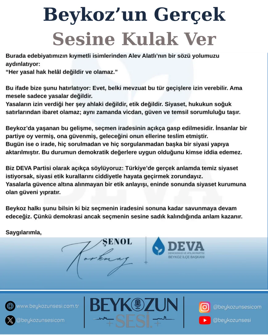 DEVA Partisi Beykoz İlçe Başkanı Şenol Korkmaz: "Seçmenin iradesi gasp edilmiştir"