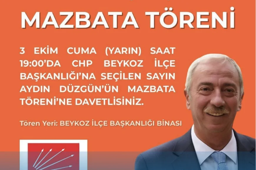 CHP Beykoz İlçe Başkanlığı’na seçilen Aydın Düzgün için mazbata töreni düzenlenecek