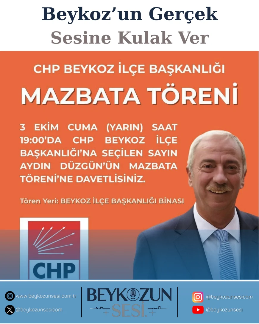 CHP Beykoz İlçe Başkanlığı’na seçilen Aydın Düzgün için mazbata töreni düzenlenecek