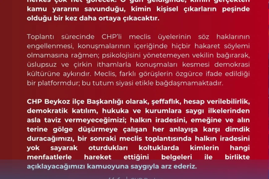 CHP Beykoz İlçe Başkanlığı’ndan Meclis Tartışmalarına Sert Tepki: “Gerçekleri Çarpıtarak Halkın İradesini Gölgeleyemezsiniz”