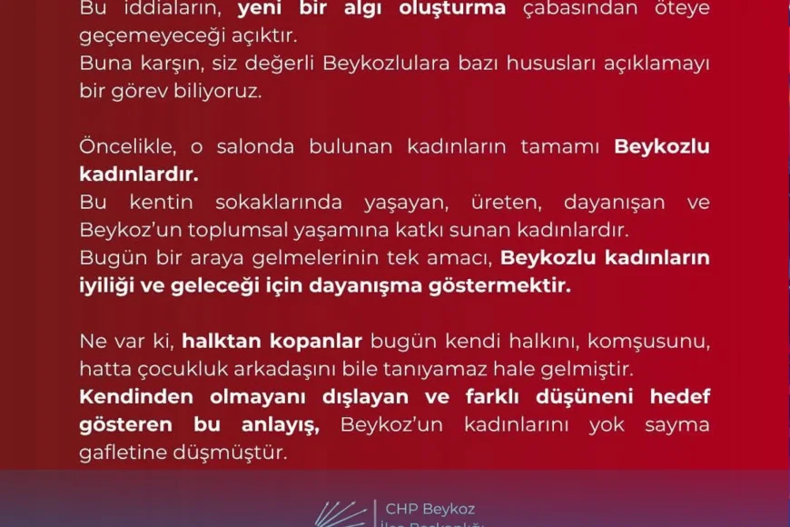 Cumhuriyet Halk Partisi Beykoz İlçe Başkanlığı’ndan Beykoz Kent Konseyi Kadın Meclisi Seçimlerine İlişkin Açıklama