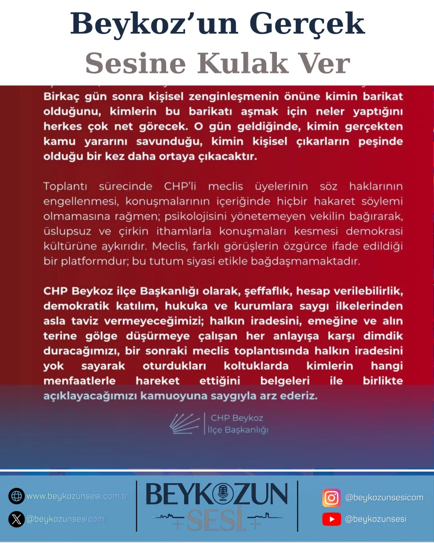 CHP Beykoz İlçe Başkanlığı’ndan Meclis Tartışmalarına Sert Tepki: “Gerçekleri Çarpıtarak Halkın İradesini Gölgeleyemezsiniz”