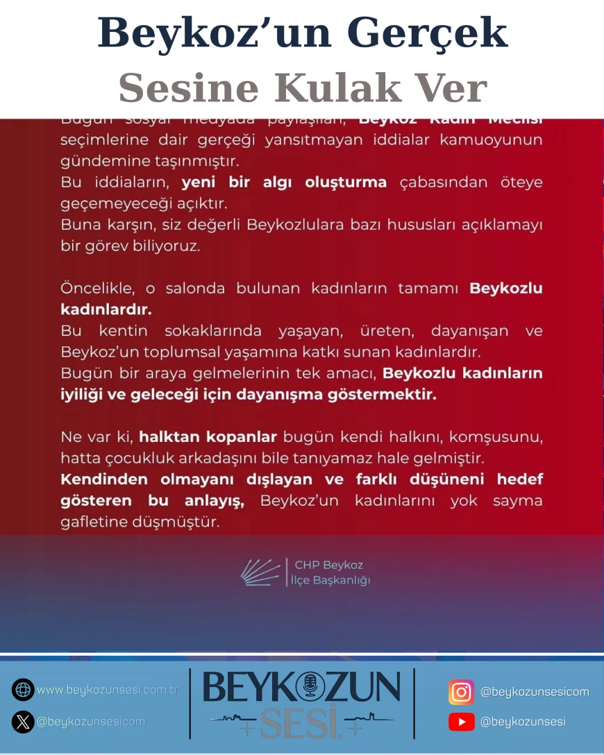 Cumhuriyet Halk Partisi Beykoz İlçe Başkanlığı’ndan Beykoz Kent Konseyi Kadın Meclisi Seçimlerine İlişkin Açıklama