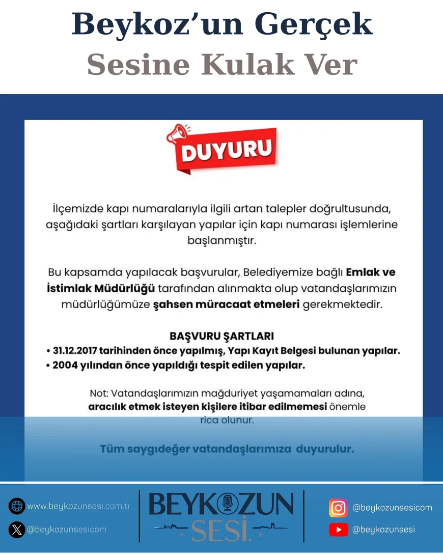 Beykoz Belediyesi Kapı Numarası İşlemlerini Yeniden Başlattı: Başvurular Emlak ve İstimlak Müdürlüğü Üzerinden Şahsen Alınacak