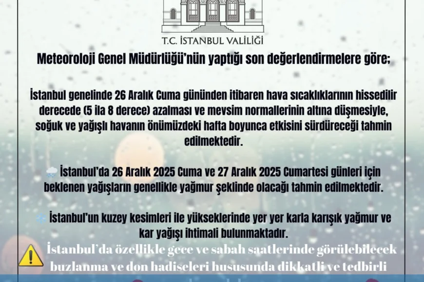 İstanbul Valiliği’nden Soğuk ve Yağış Uyarısı: Sıcaklıklar 8 Dereceye Kadar Düşecek