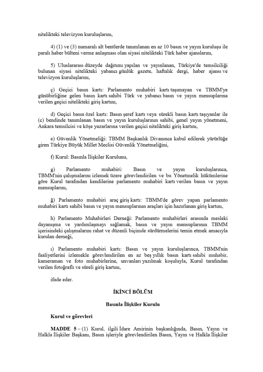 TBMM’de basın ve yayın mensuplarının çalışma esasları yönetmelik