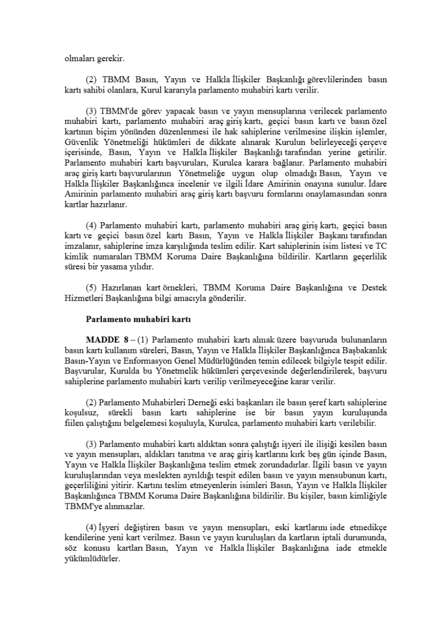 TBMM’de basın ve yayın mensuplarının çalışma esasları yönetmelik