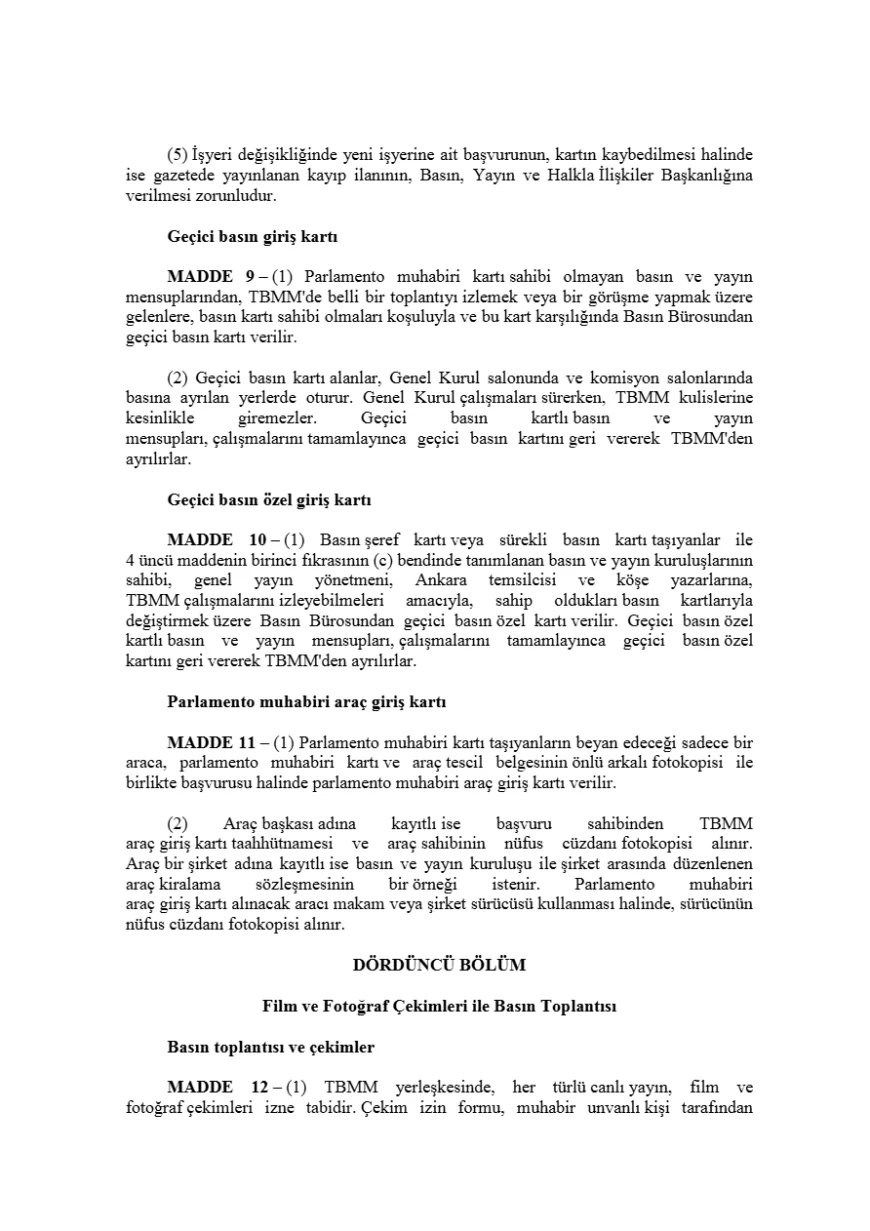 TBMM’de basın ve yayın mensuplarının çalışma esasları yönetmelik