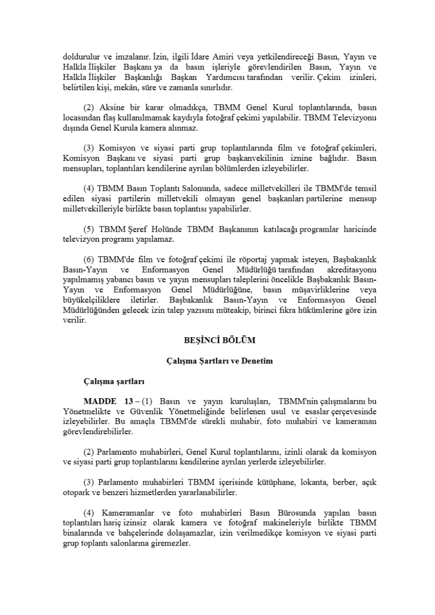 TBMM’de basın ve yayın mensuplarının çalışma esasları yönetmelik