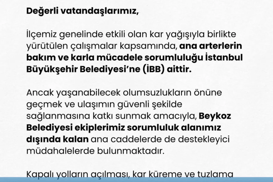 Beykoz Belediyesi Karla Mücadelede Sahada: Ana Arterlerin Sorumluluğu İBB’ye Ait