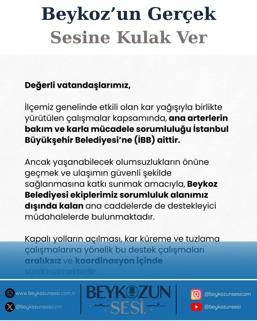 Beykoz Belediyesi Karla Mücadelede Sahada: Ana Arterlerin Sorumluluğu İBB’ye Ait