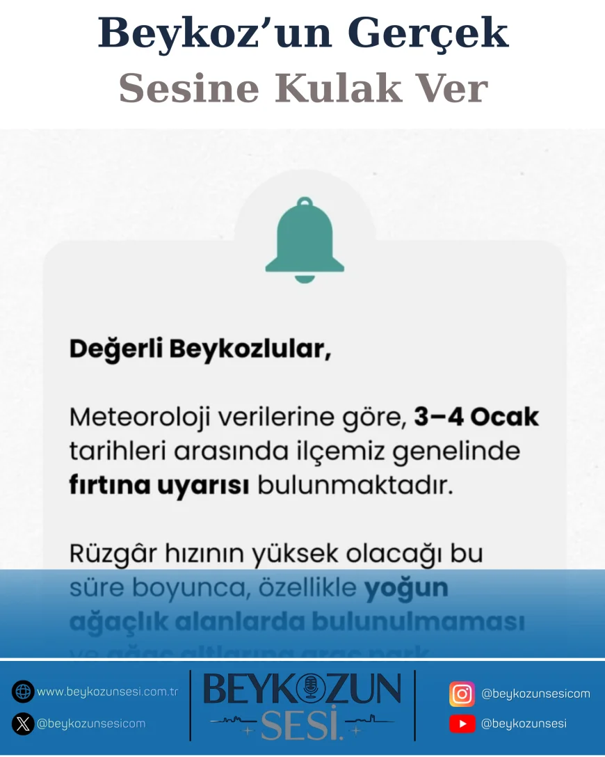 Beykoz Belediyesi’nden 3–4 Ocak İçin Fırtına Uyarısı: Yoğun Ağaçlık Alanlara Dikkat Çağrısı