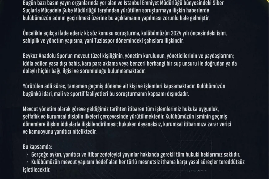 Beykoz AŞ’den Soruşturma Açıklaması: “Mevcut Yönetimin Yasa Dışı Faaliyetlerle Bağı Yoktur”