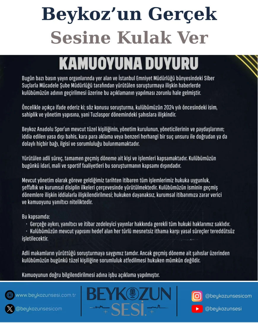 Beykoz AŞ’den Soruşturma Açıklaması: “Mevcut Yönetimin Yasa Dışı Faaliyetlerle Bağı Yoktur”