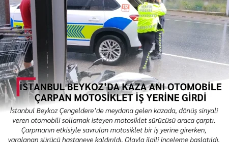 İstanbul Beykoz’da Kaza Anı: Otomobile Çarpan Motosiklet İş Yerine Girdi
