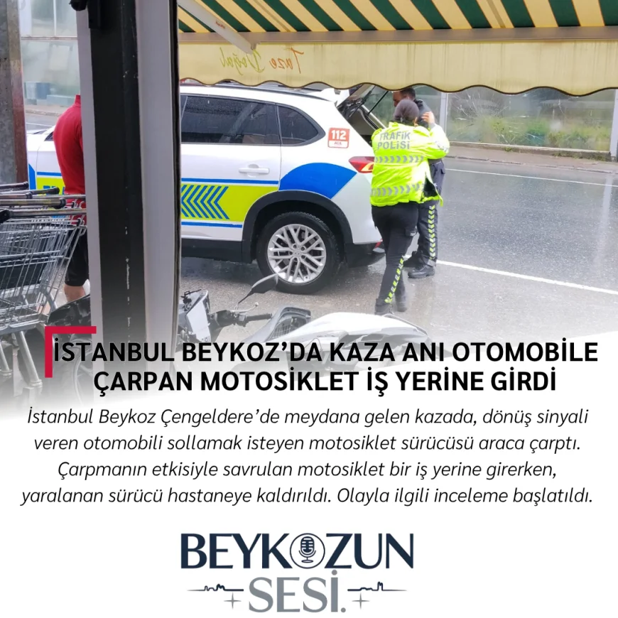 İstanbul Beykoz’da Kaza Anı: Otomobile Çarpan Motosiklet İş Yerine Girdi