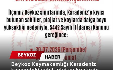 Beykoz Kaymakamlığı Karadeniz kıyısındaki sahil, plaj ve koylarda denize girmeyi iki gün süreyle yasakladı