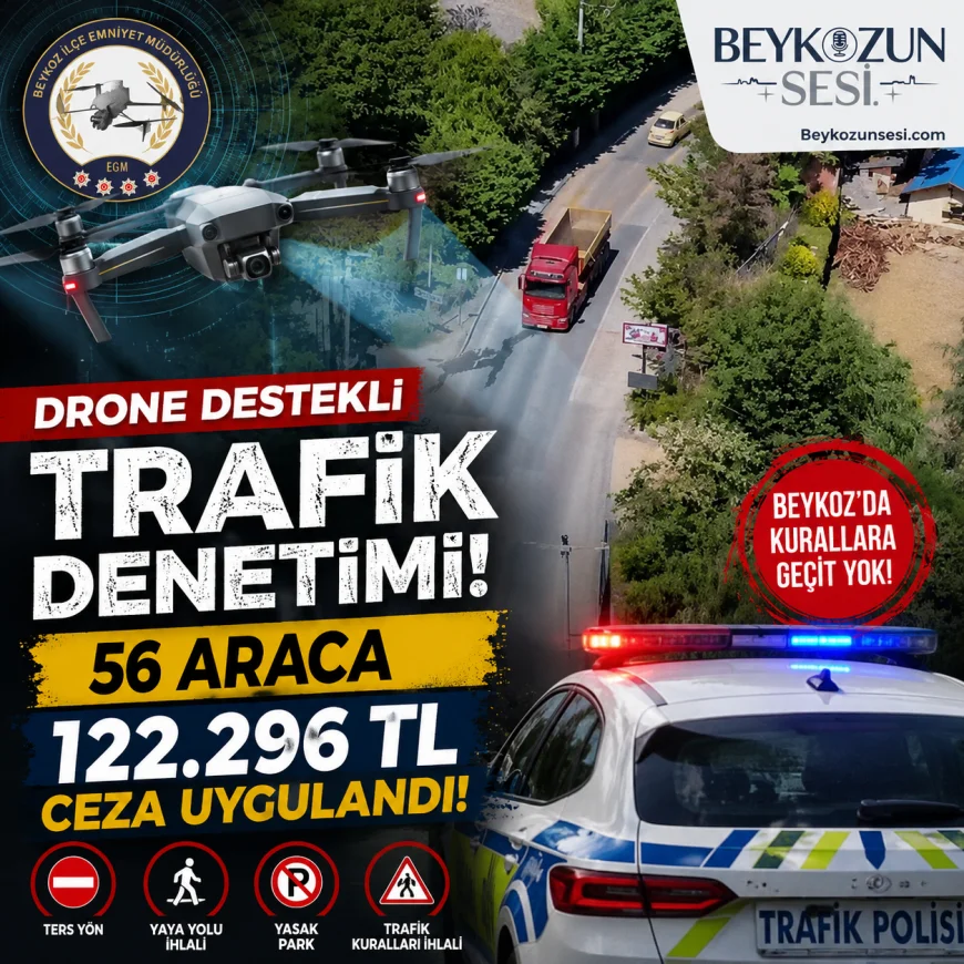 Beykoz İlçe Emniyet Müdürlüğü: “Drone destekli trafik denetimlerinde 56 araca 122 bin 296 lira ceza uygulandı”