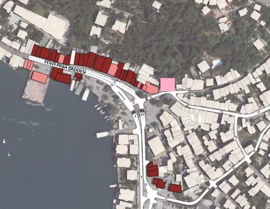 Beykoz Merkez Mahallesi Fevzi Paşa Caddesi proje kapsamındaki binaların işaretlendiği uydu haritası