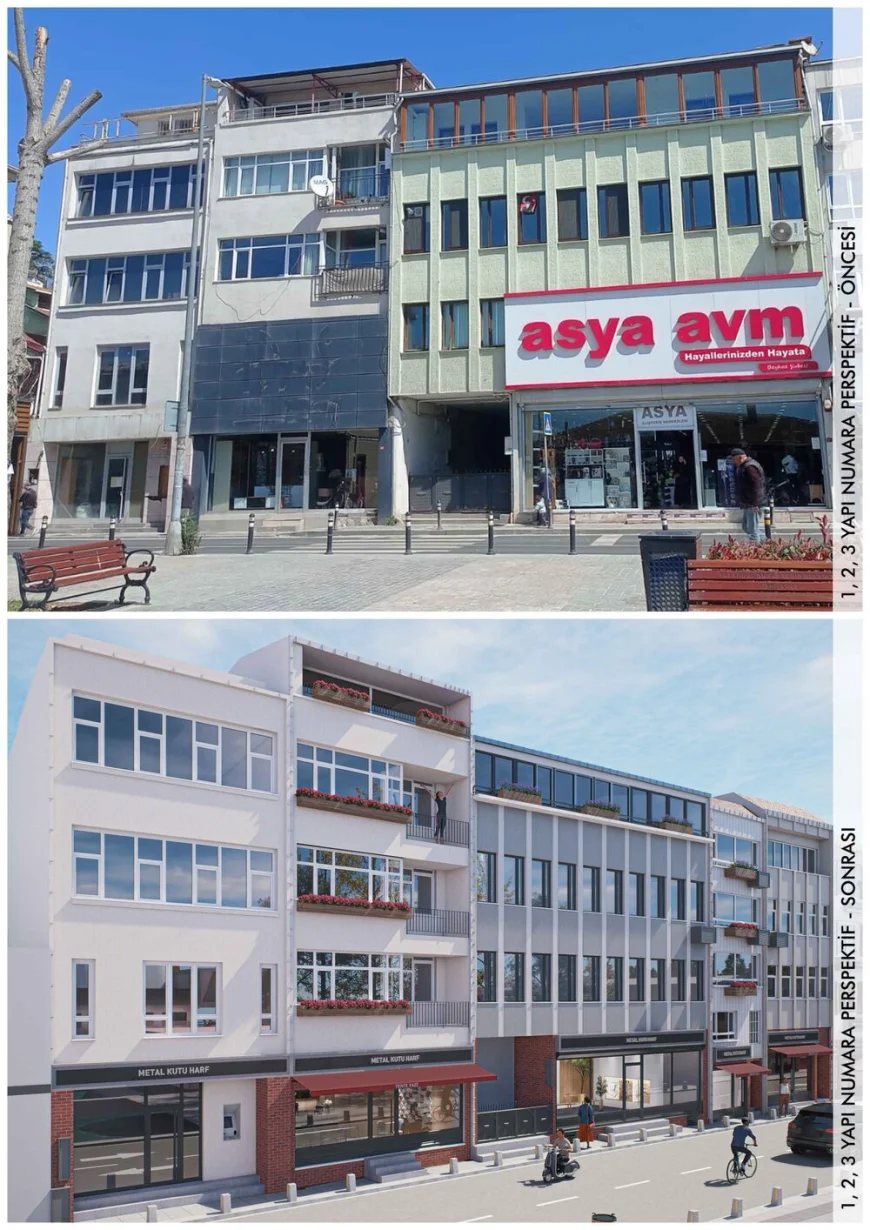 Beykoz Fevzi Paşa Caddesi 1 2 3 numaralı yapıların cephe sağlıklaştırma öncesi ve sonrası karşılaştırması