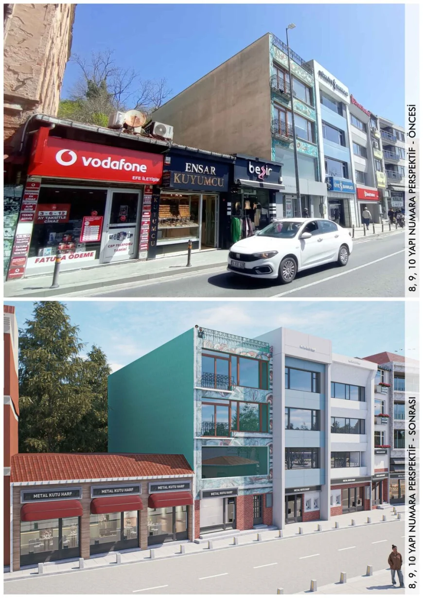 8 9 10 numaralı yapıların dış cephe yenileme öncesi ve sonrası görseli