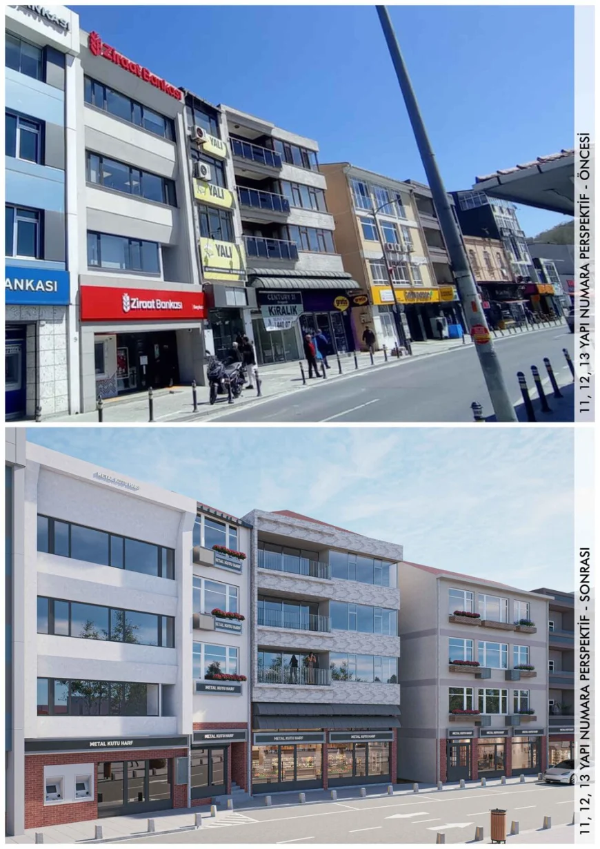 11 12 13 numaralı yapıların cephe sağlıklaştırma öncesi ve sonrası görseli