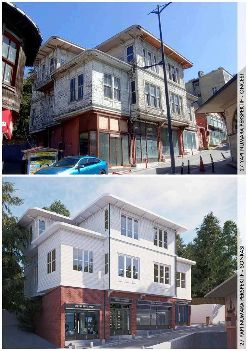 27 numaralı tarihi ahşap yapının cephe sağlıklaştırma öncesi ve sonrası görseli