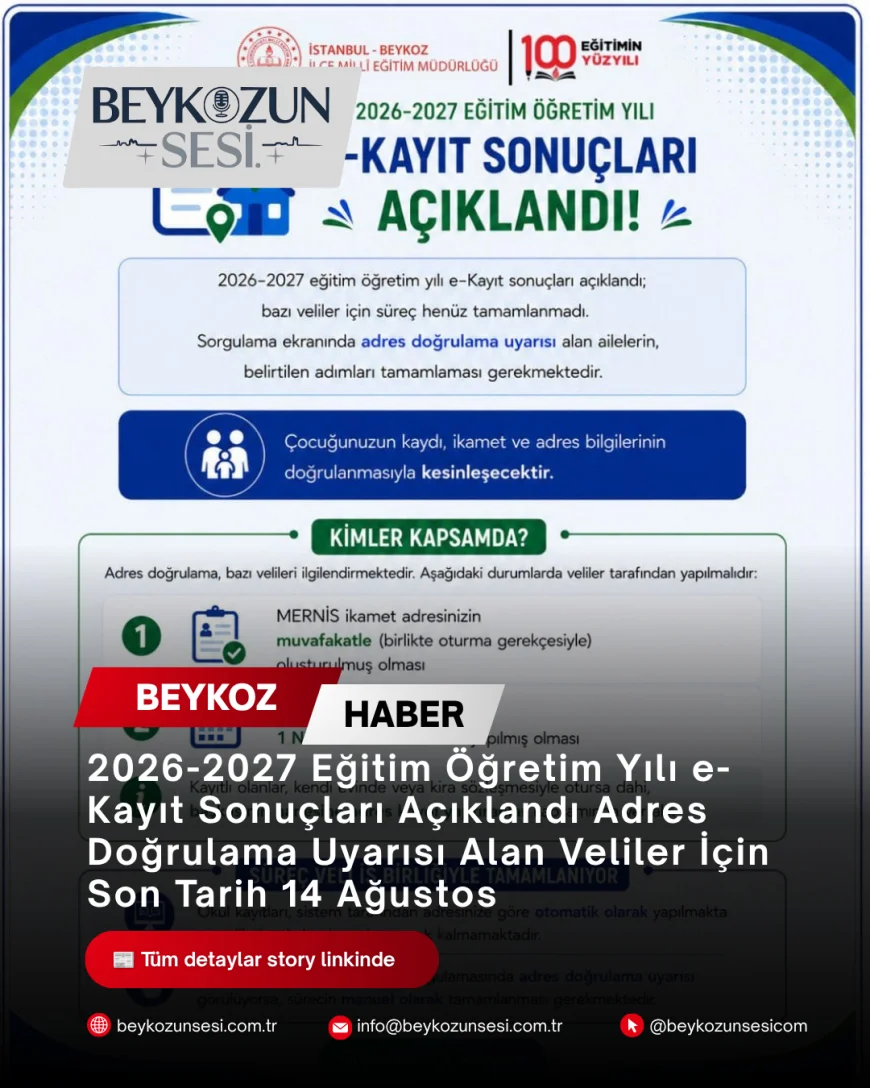 2026-2027 Eğitim Öğretim Yılı e-Kayıt Sonuçları Açıklandı Adres Doğrulama Uyarısı Alan Veliler İçin Son Tarih 14 Ağustos