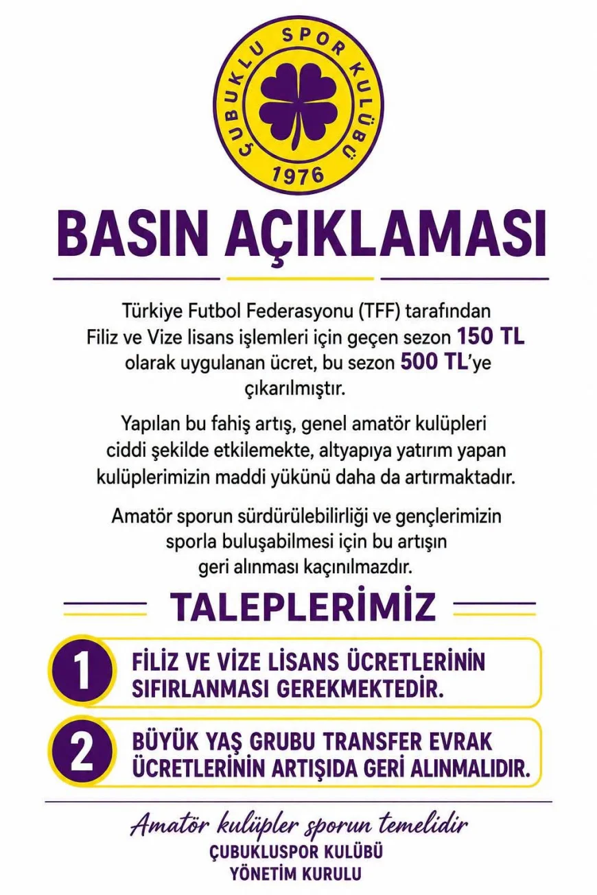 Çubukluspor Kulübü Yönetim Kurulu: “Filiz ve vize lisans ücretlerinin sıfırlanması gerekmektedir”