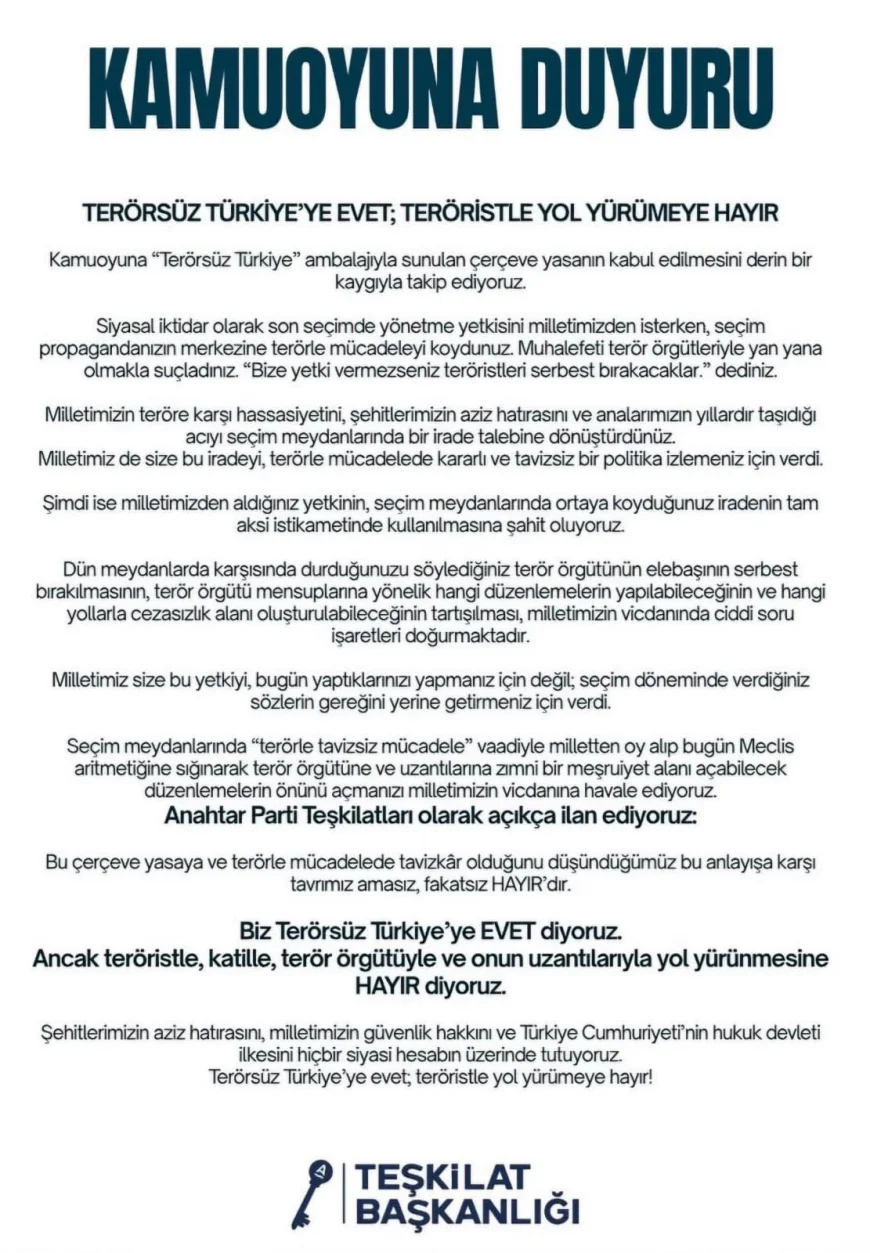 Anahtar Parti Teşkilat Başkanlığı: “Terörsüz Türkiye’ye evet, teröristle yol yürümeye hayır”
