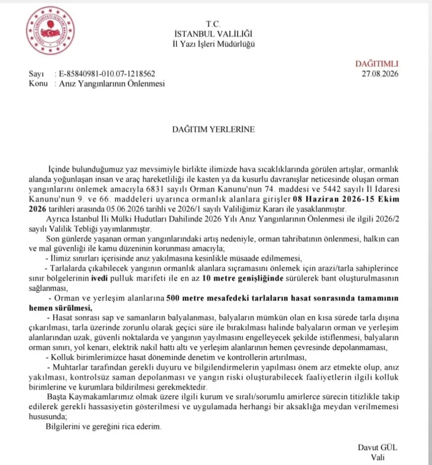 İstanbul Valiliğinden anız yangınlarına karşı yeni tedbirler: Ormana 500 metre mesafedeki tarlalar hemen sürülecek