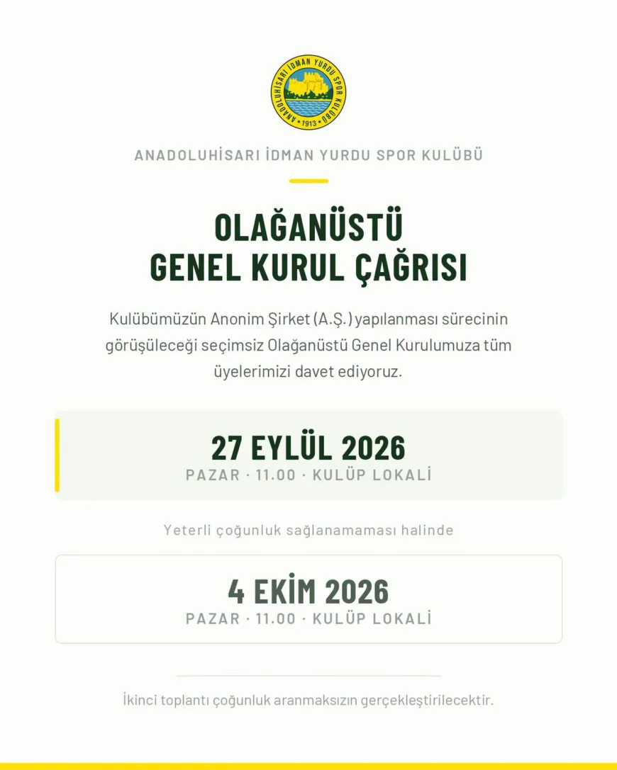 Anadoluhisarı İdman Yurdu Spor Kulübü anonim şirket yapılanması için olağanüstü genel kurula gidiyor