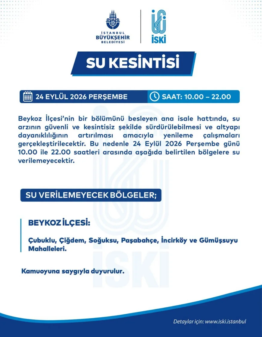 İSKİ’den Beykoz için 12 saatlik su kesintisi duyurusu: Altı mahalle etkilenecek