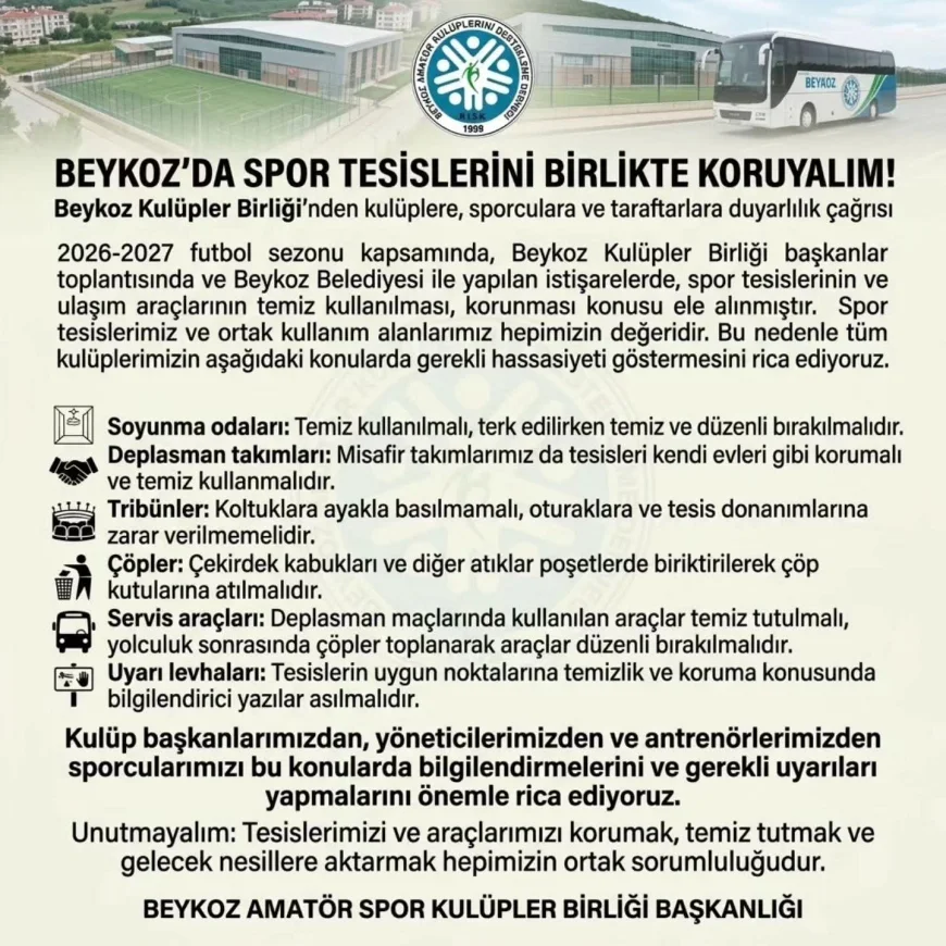 Beykoz Amatör Spor Kulüpler Birliğinden Spor Tesisleri ve Servis Araçlarının Korunması İçin Ortak Sorumluluk Çağrısı