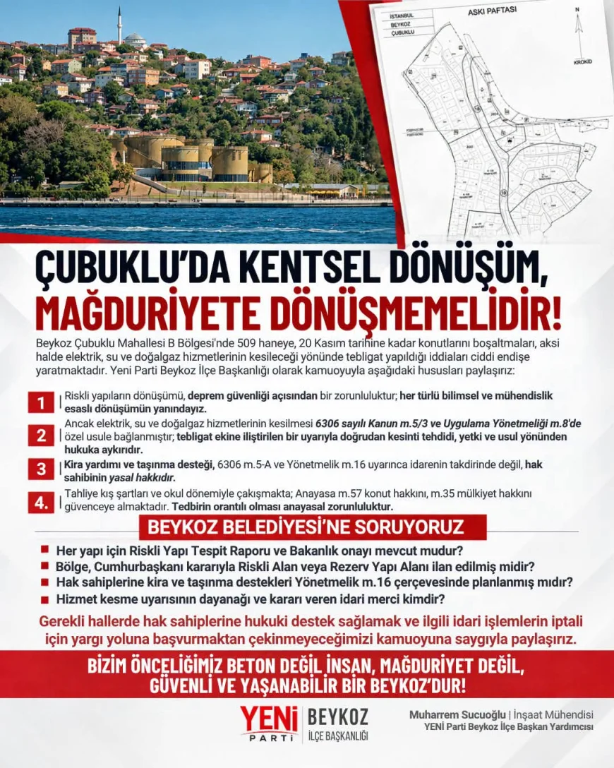 Yeni Parti Beykoz İlçe Başkan Yardımcısı Muharrem Sucuoğlu: “Çubuklu’da kentsel dönüşüm mağduriyete dönüşmemelidir”